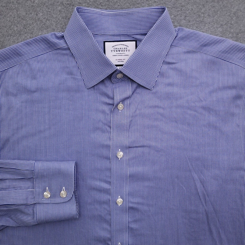 Charles Tyrwhitt Dress Shirt Mens 17 34 Classic Fit Non Iron Blue White Striped